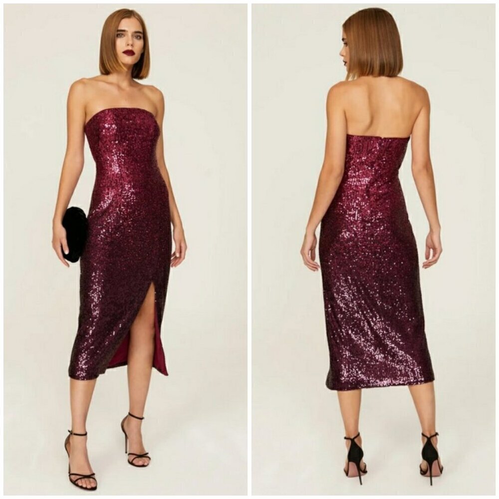 💕TRINA TURK💕 Stella Strapless Sheath Dress Festive Fuchsia Plum Sequin 10 NWT - Picture 3 of 16